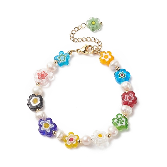 Millefiori Glass Flower & Natural Pearl Beaded Bracelet for Women
