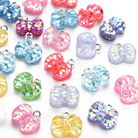 Epoxy Resin Charms, with Sequins/Paillette and Platinum Plated Iron Loop, Butterfly
