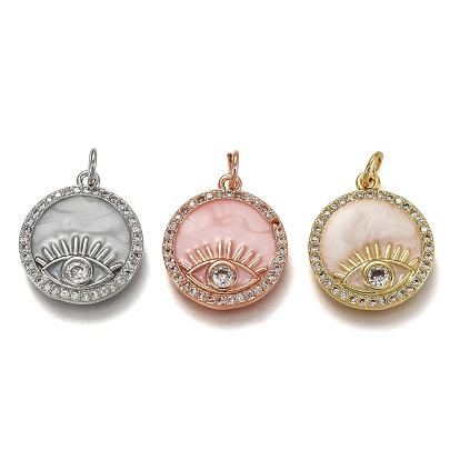 Brass Micro Pave Clear Cubic Zirconia Pendants, Long-Lasting Plated, with Jump Rings & Enamel, Flat Round with Eye