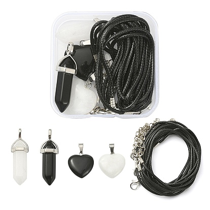 DIY Stone Pendant Necklace Making Kit, Including Heart & Bullet Natural White Jade & Black Stone Pendants, Waxed Cotton Cord Necklace Making