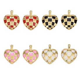 8Pcs 4 Colors Rack Plating Brass Enamel Pendants, Long-Lasting Plated, Real 18K Gold Plated, Lead Free & Cadmium Free, Heart with Tartan Pattern
