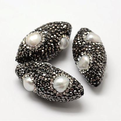 Perles oeil cheval argile polymère strass, avec cabochons de perles, 25~38x16~17mm, Trou: 1.5mm