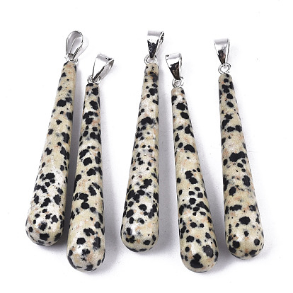 Jaspe dalmatien naturel gros pendentifs, avec pince de serrage en fer plaqué platine, larme