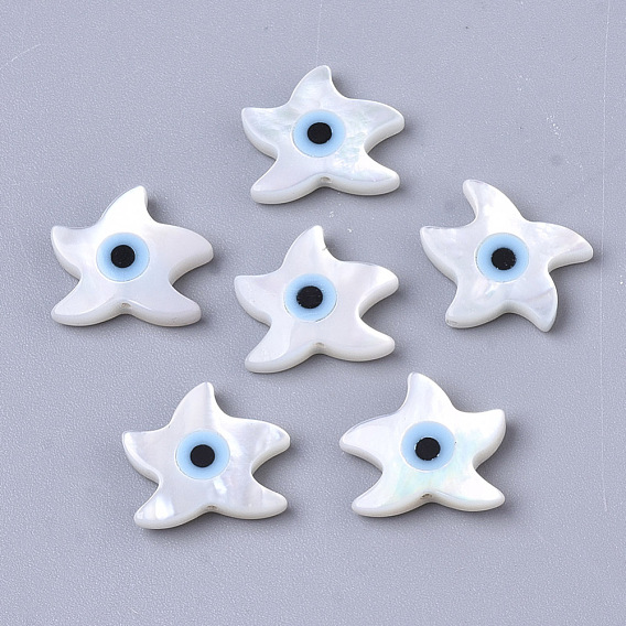 Natural White Shell Mother of Pearl Shell Beads, with Synthetic Turquoise, Starfish/Sea Stars with Evil Eye
