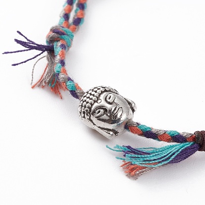 Bracelets multi-rangs en coton, avec fil de nylon et perles en alliage de style tibétain, tête de bouddha, argent antique