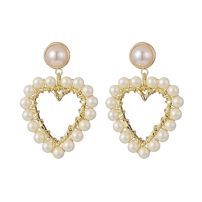 Aretes colgantes con perlas de concha envuelta, Pendiente de perla de imitación de plástico abs de latón corazón para mujer
