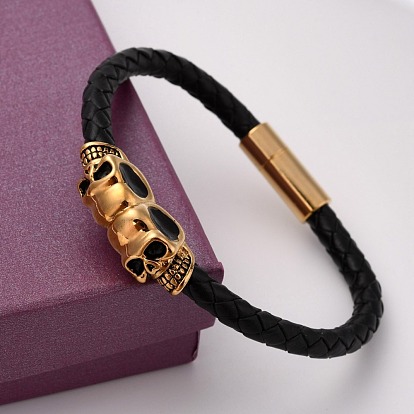 Retro Leather Cord Bracelets, with 304 Stainless Steel Skull Findings and Magnetic Clasps, 210mm