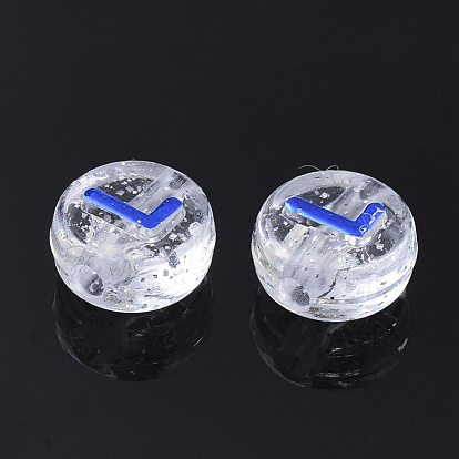 Placage perles acryliques transparents, avec de la poudre de paillettes, métal enlacée, trou horizontal, plat rond avec la lettre