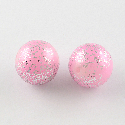 Spray Painted Acrylic Round Beads with Silver Glitter Powder, 20mm, Hole: 3mm, about 105pcs/500g