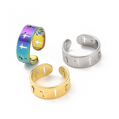 304 Stainless Steel Hollow Out Cross Open Cuff Ring for Women