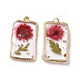 Transparent Clear Epoxy Resin Pendants, with Edge Golden Plated Alloy Loops, Rectangle Charms with Inner Flower