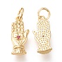Brass Micro Pave Cubic Zirconia Pendants, with Jump Rings, Long-Lasting Plated, Palm with Heart, Magenta