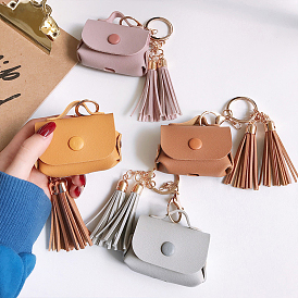 Imitation Leather Wireless Earbud Carrying Case, Earphone Storage Pouch, with Keychain & Tassel, with Hole, Handbag Shape