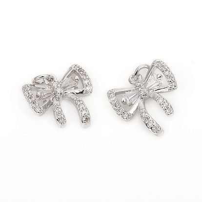 Brass Micro Pave Cubic Zirconia Charms, with Jump Rings, Bowknot, Clear