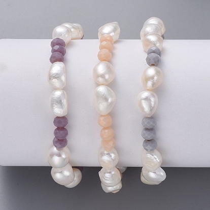 Pulseras elásticas de perlas barrocas naturales, pulseras apilables, con cuentas de cristal rondelle facetadas y bolsas de arpillera