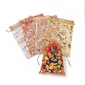 Estampage or rose fleur rectangle organza sacs-cadeaux, bijoux sachets d'emballage de étirables