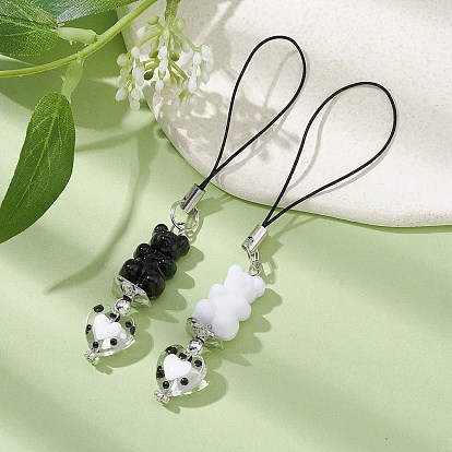 2Pcs 2 Colors Opaque Bear Acrylic Mobile Straps, with Handmade Lampwork Heart Beads and Polyester Cord Mobile Accessories Decoration