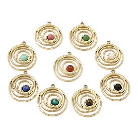 Natural Gemstone Pendants, Ion Plating(IP) 316 Stainless Steel Ring Charms, Real 24K Gold Plated