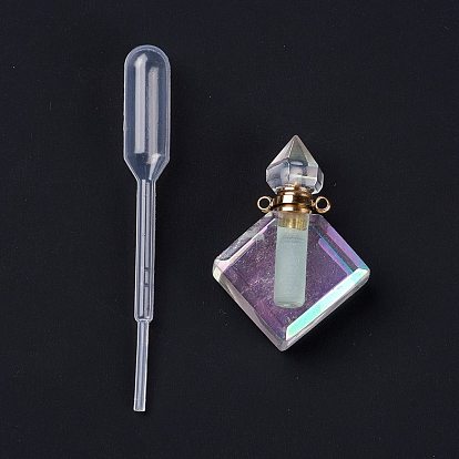 Angel Aura Quartz, Faceted Natural Quartz Crystal Pendants, Openable Perfume Bottle, with Golden Tone Brass Findings and Plastic Dropper, Square