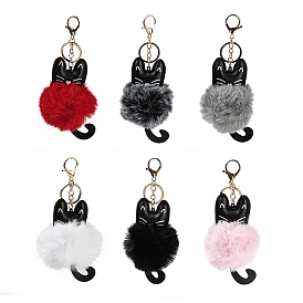 Cute Cat PU Leather & Imitate Rex Rabbit Fur Ball Keychain, with Alloy Clasp, for Bag Car Key Decoration