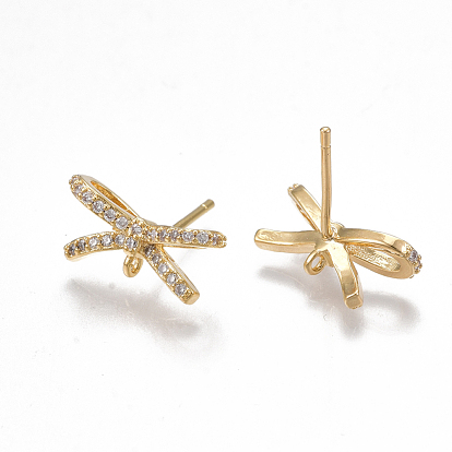 Brass Stud Earring Findings, with Loop, Cubic Zirconia, Nickel Free, Real 18K Gold Plated, Bowknot, Clear