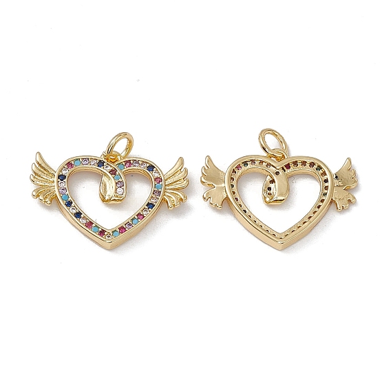 Brass Colorful Cubic Zirconia Pendants, with Jump Ring, Heart with Wings Charms