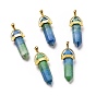 Natural Dyed Calcite Double Terminated Pointed Pendants, with Golden Tone Brass Findings, Bullet