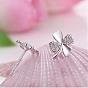 Real Platinum Plated Brass Four Leaf Clover Stud Earrings, with Rhinestone, 8x8mm