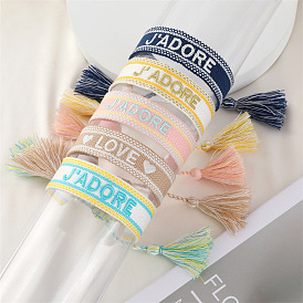 Boho Style Handmade Woven Bracelet with Embroidered Letters and Tassels