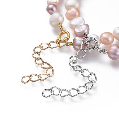Conjuntos de pulseras de perlas de agua dulce naturales, pulseras apilables, con cadena de extensión de hierro, Fornituras de latón, color mezclado