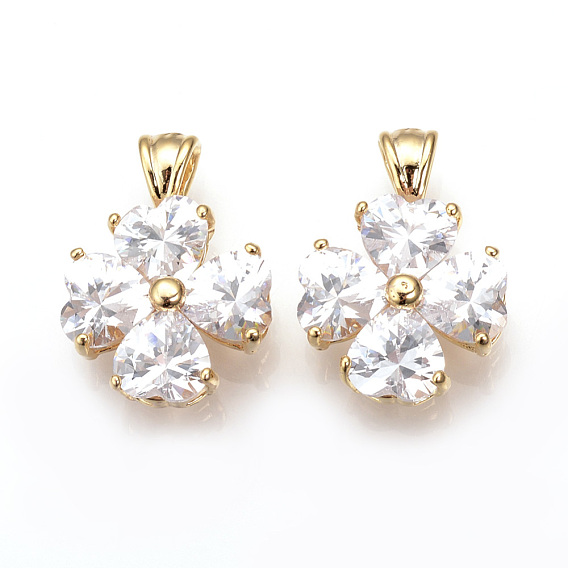 Brass Cubic Zirconia Pendants, Clover, Nickel Free, Real 18K Gold Plated