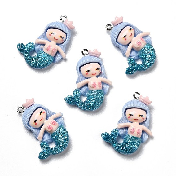 Opaque Resin Pendants, with Glitter Powder and Platinum Tone Iron Loops, Mermaid