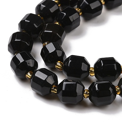 Natural Obsidian Beads Strands, with Seed Beads, Faceted Bicone Barrel Drum