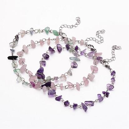 Natural Gemstone Chip Beaded Anklets, with 304 Stainless Steel Lobster Claw Clasps and Iron Findings