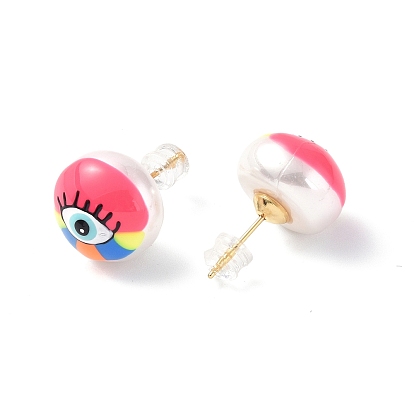 Natural Shell Eye Stud Earrings with Enamel, Real 18K Gold Plated Brass Jewelry for Women