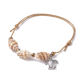 Bracelet perlé coquillage triple spirale avec breloque tortue, bracelet réglable pour femme