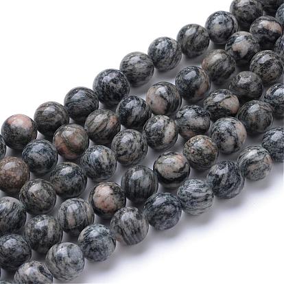 Brins de perles en pierre de soie noire naturelle, ronde