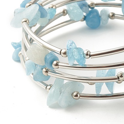 5-Loop Gemstone Chip Beaded Wrap Bracelets for Women, Steel Memory Wire Bracelet, Platinum