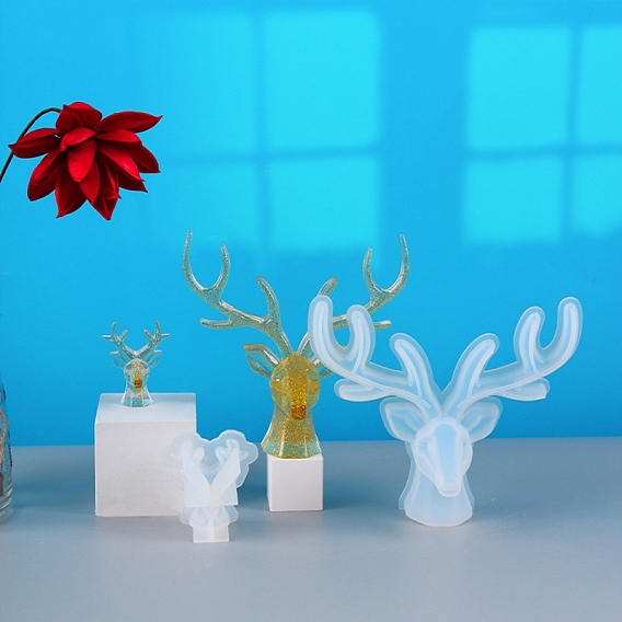 Christmas DIY Food Grade Silicone Reindeer Head Display Molds, Resin Casting Molds, for UV Resin, Epoxy Resin Craft Making
