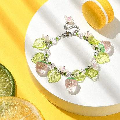 Glass & Resin & Acrylic Flower Charm Bracelet, 304 Stainless Steel Jewelry