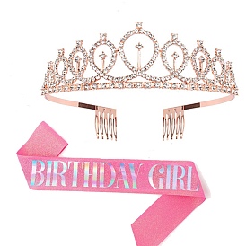 Word BIRTHDAY GIRL Birthday Sash & Rhinestone Tiara Set, Glitter Powder Birthday Etiquette Belt, for Birthday Party Decoration Supplies