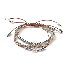 Synthetic Hematite Braided Bead Bracelets Set, Cross & Jesus & Flower Bracelets for Women