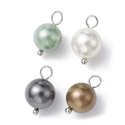 Breloques rondes teintes en perles de coquillage, avec boucles en laiton plaqué platine