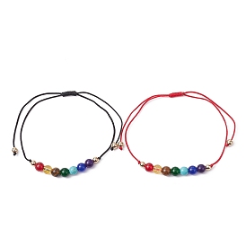 2pcs 2 ensemble de bracelets de cheville en perles tressées rondes de couleurs naturelles et synthétiques mélangées, bracelets réglables thème chakra avec cordons en nylon