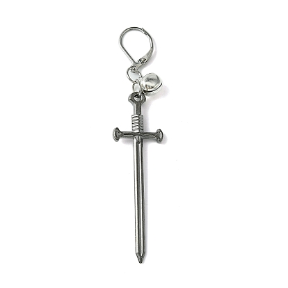 Alloy Sword Big Pendant Decorations, with Iron Bell and Leverback Earring Findings