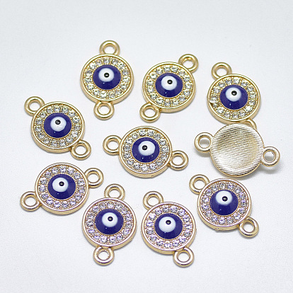 Alloy Links, with Crystal Rhinestone and Blue Enamel, Flat Round with Evil Eye
