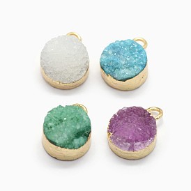 Natural Druzy Quartz Charms, with Brass Findings, Flat Round