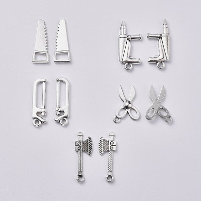 Mixed Tools Metal Charms Tibetan Style Alloy Pendants, Saw & Axe & Saw & Scissor & Drill, for DIY Jewelry Making and Crafting