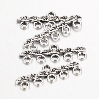 Tibetan Style Alloy Chandelier Components Links, 5-Strand Reducer Connector, Cadmium Free & Lead Free, Leaf, 10x26x2mm, Hole: 2mm