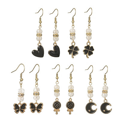 Boucles d'oreilles pendantes en alliage d'émail avec perles de quartz craquelé synthétiques